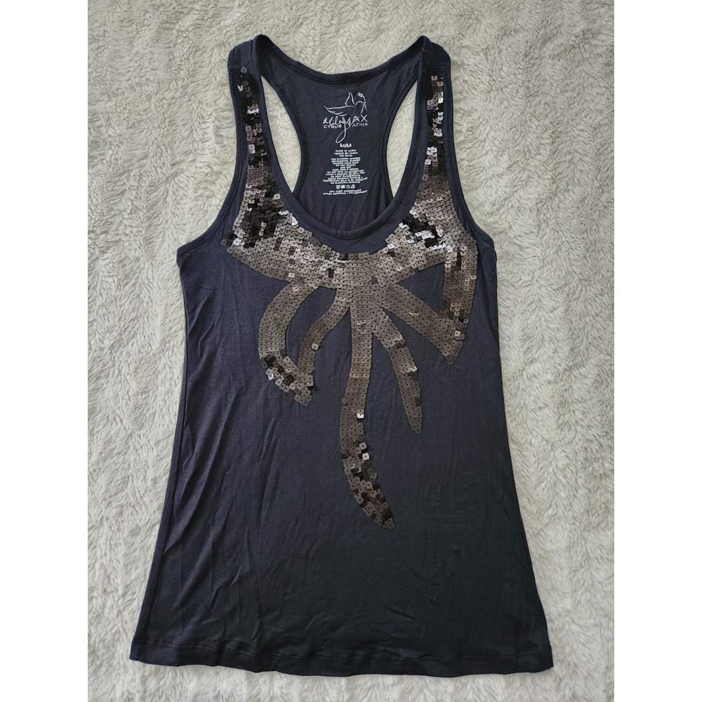 Miley Cyrus x Max Azria Sequin Bow Tank Top Womens Medium Blue Racerback Y2K